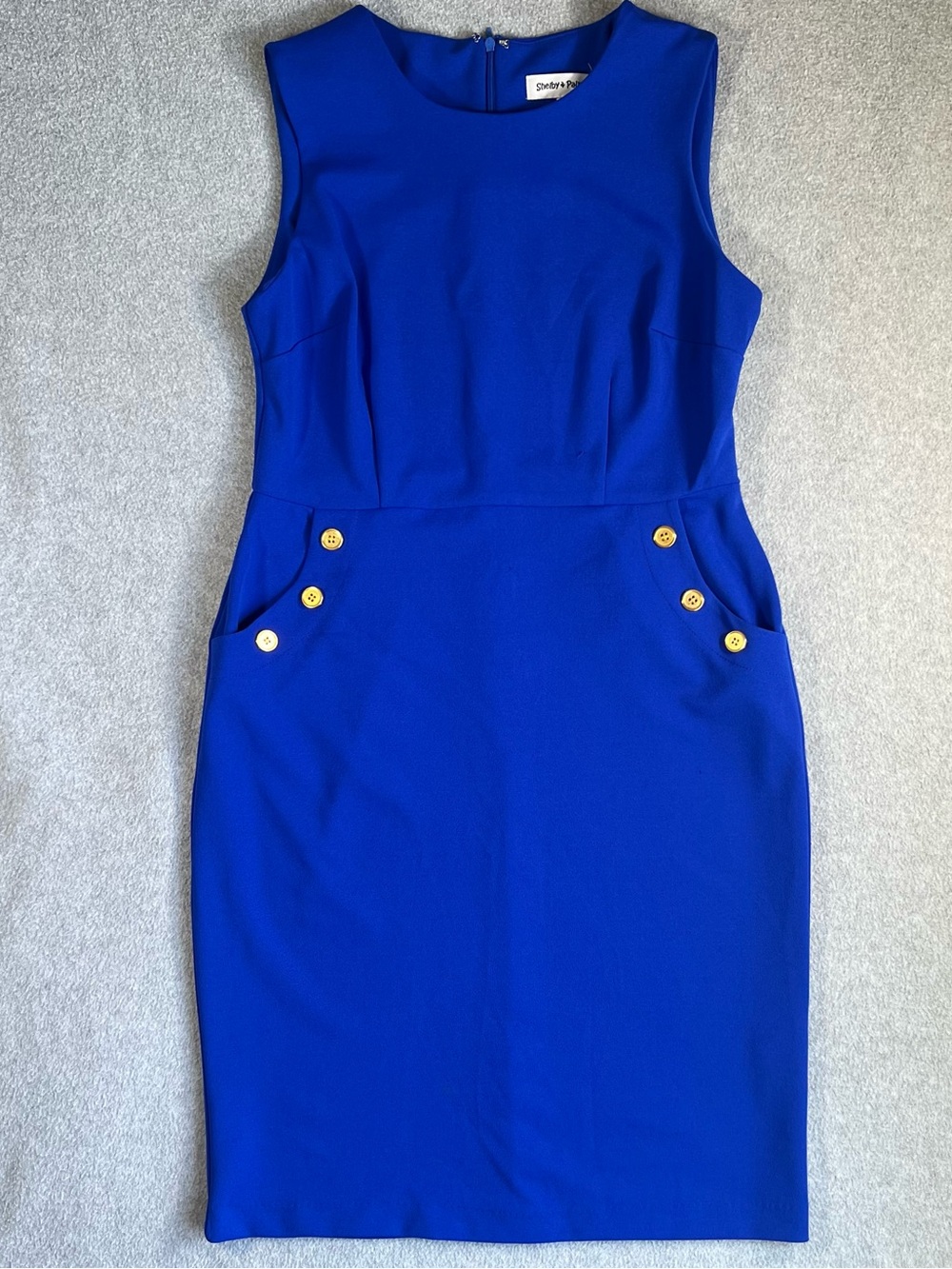 Shelby & Palmer Cobalt Blue Sleeveless Sheath Dress with Gold Buttons Size 8 - Picture 2 of 8
